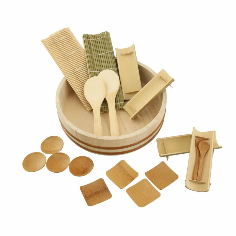 10 inch Sushi Oke Tub (Hangiri) with Sushi Making Accessory Pack - 19pcs set