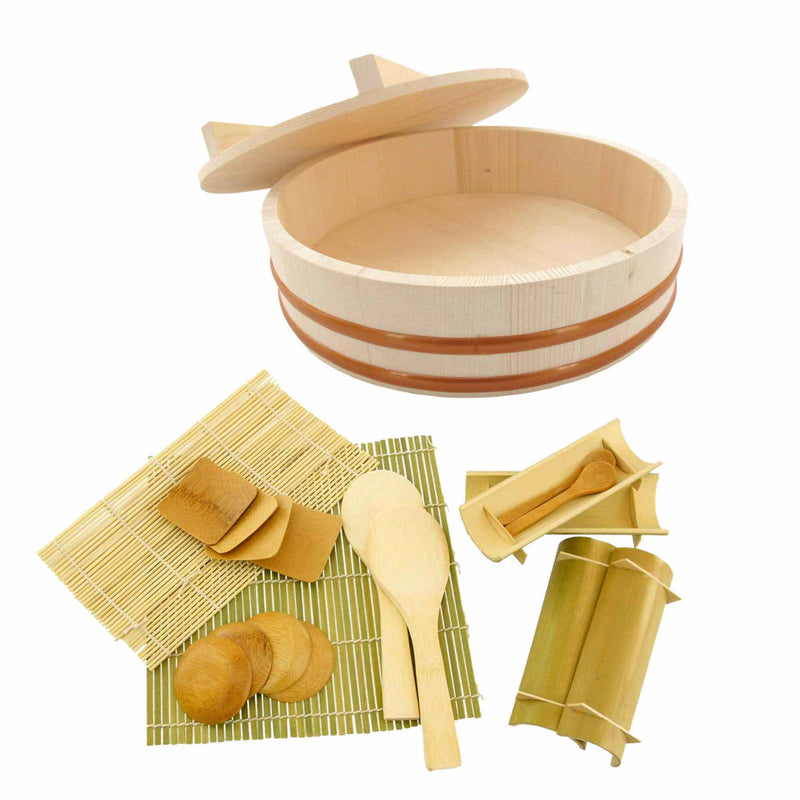 Sushi Oke Tub Lid Hangiri with Sushi Making Accessory Pack, 19 pieces set