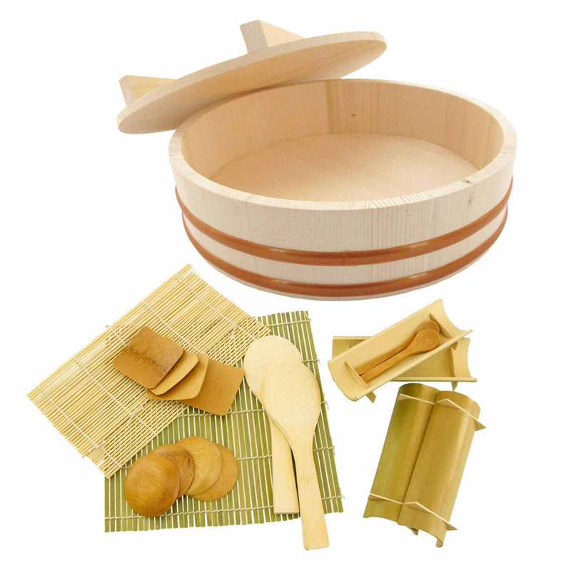 Sushi Oke Tub Lid Hangiri with Sushi Making Accessory Pack, 19 pieces set