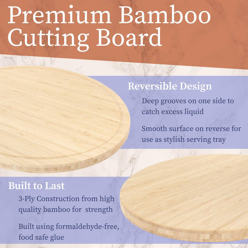 bamboo grooved oval cutting and serving board infographic descriptions