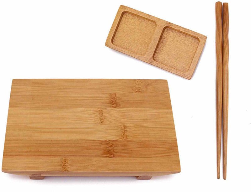 Bamboo Sushi Board Tray, Chopsticks and Compartment Sauce Dish, Varies Sizes and Style